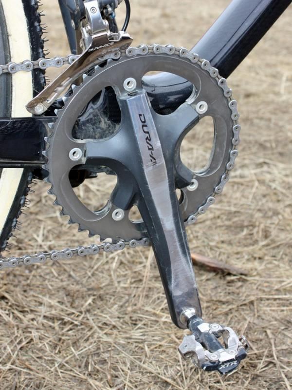 Adam Craig's Shimano Dura-Ace 7900 crank bears the marks of lots of use.