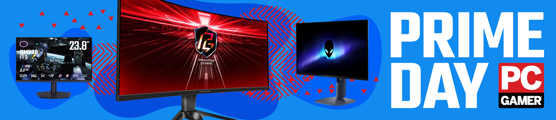 Selection of gaming monitors on a Prime Day background