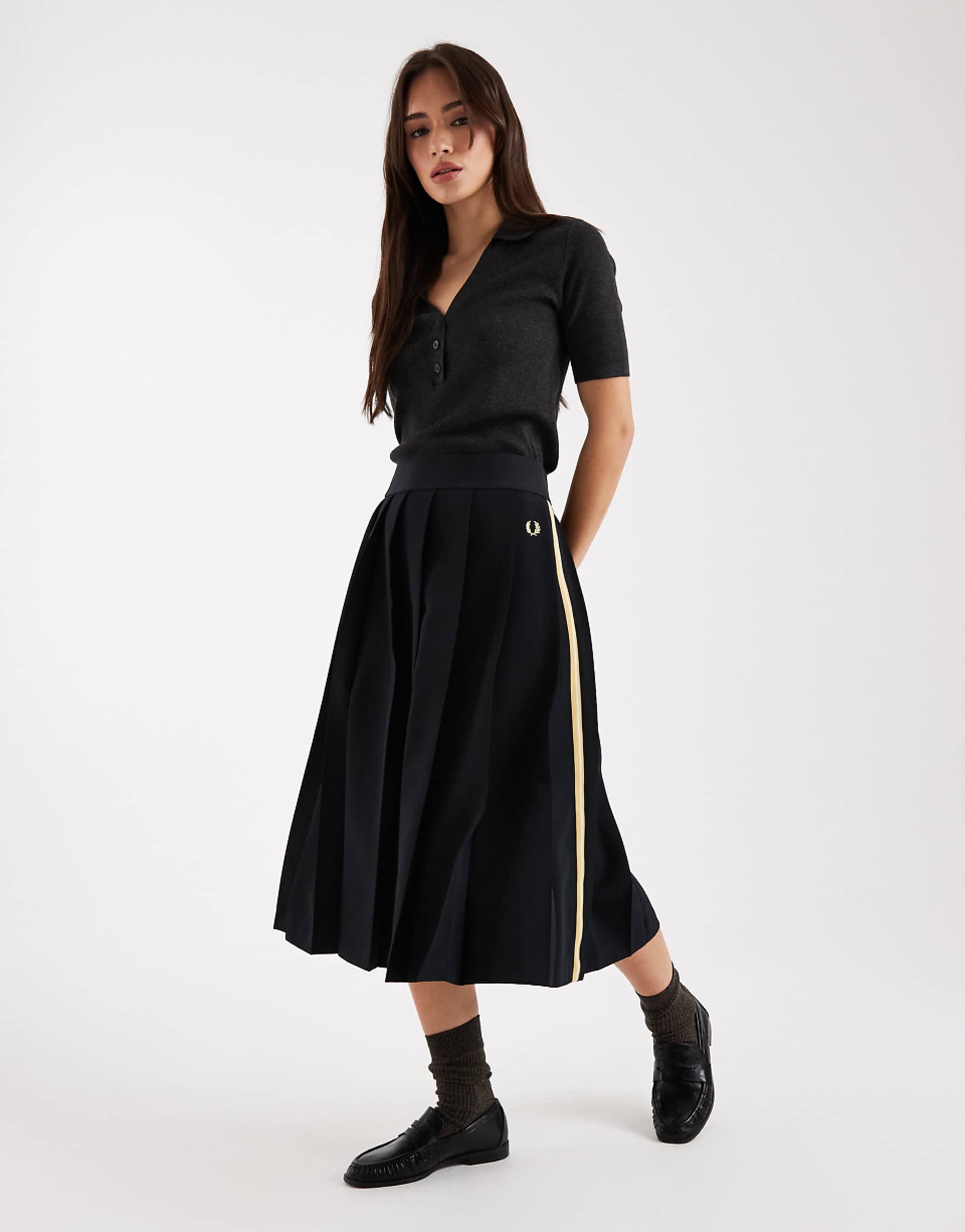 Fred Perry Co-Ord Tape Detail Logo Pleated Midi Tennis Skirt in Black