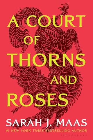 A Court of Thorns and Roses book cover with a dragon like creature against a red backdrop