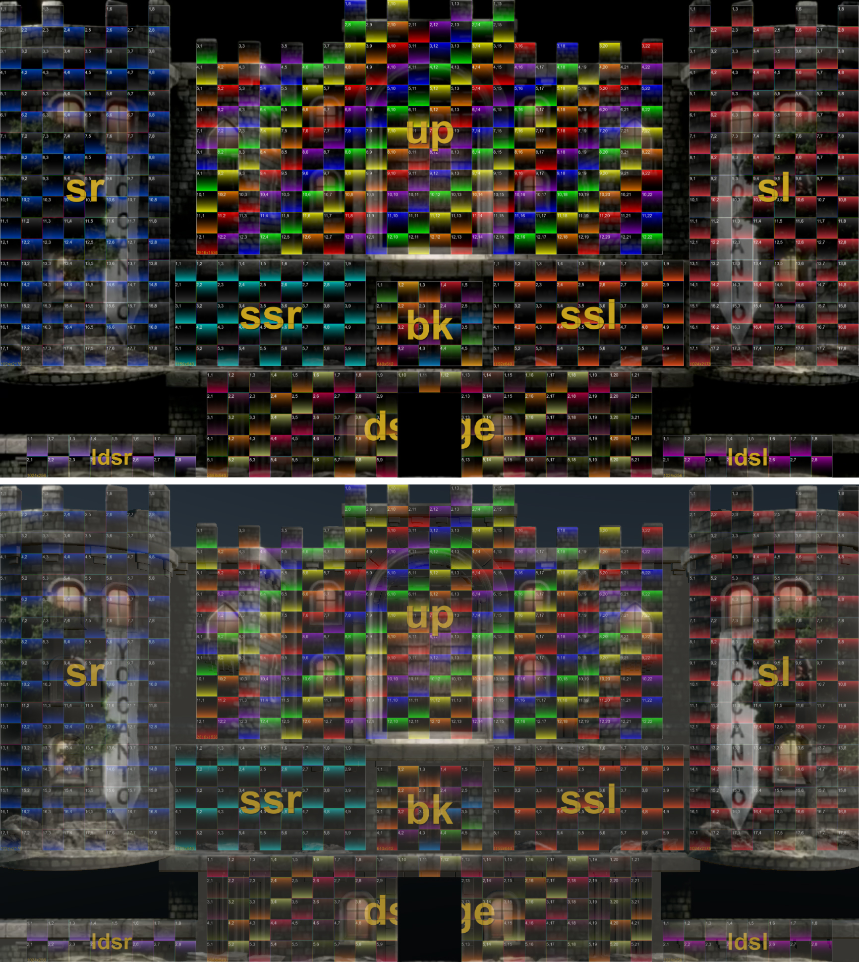 An image displaying colourful calibration grids projected onto a dark castle