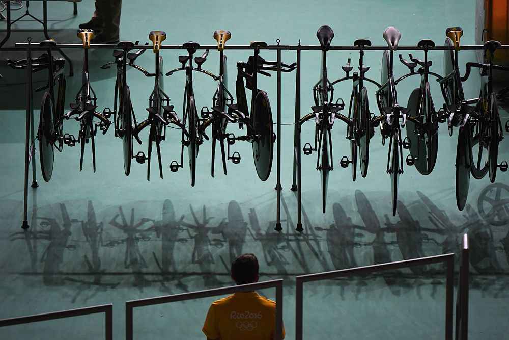 track bikes hanging up at the Olympic velodrome