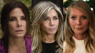 Side-by-side: screenshot of Sandra Bullock in Lost City, Screenshot of Jennifer Aniston in The Morning Show Season 4 preview, Gwyneth Paltrow in The Politician