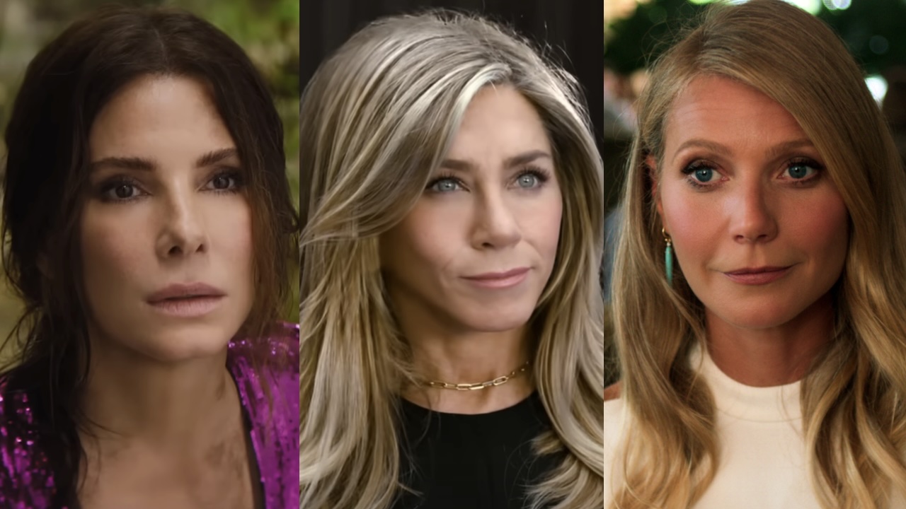 Side-by-side: screenshot of Sandra Bullock in Lost City, Screenshot of Jennifer Aniston in The Morning Show Season 4 preview, Gwyneth Paltrow in The Politician