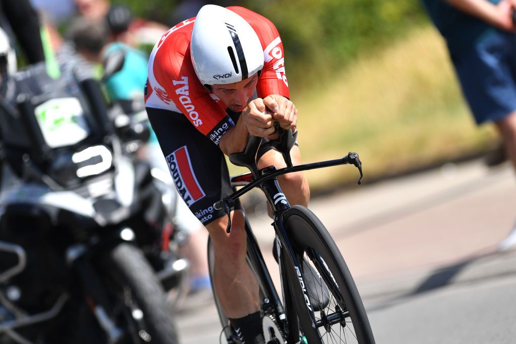GAVERE BELGIUM JUNE 23 Victor Campenaerts of Belgium sprints during the 123rd Belgian Road Championship 2022 Mens Individual Time Trial a 348km individual time trial one day race from Gavere to Gavere ITT BelgianCycling140 on June 23 2022 in Gavere Belgium Photo by Luc ClaessenGetty Images