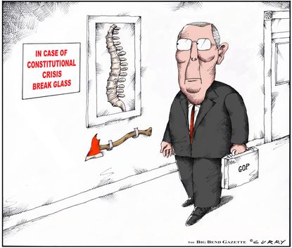 Political cartoon U.S. Trump Constitutional crisis backbone Mitch McConnell