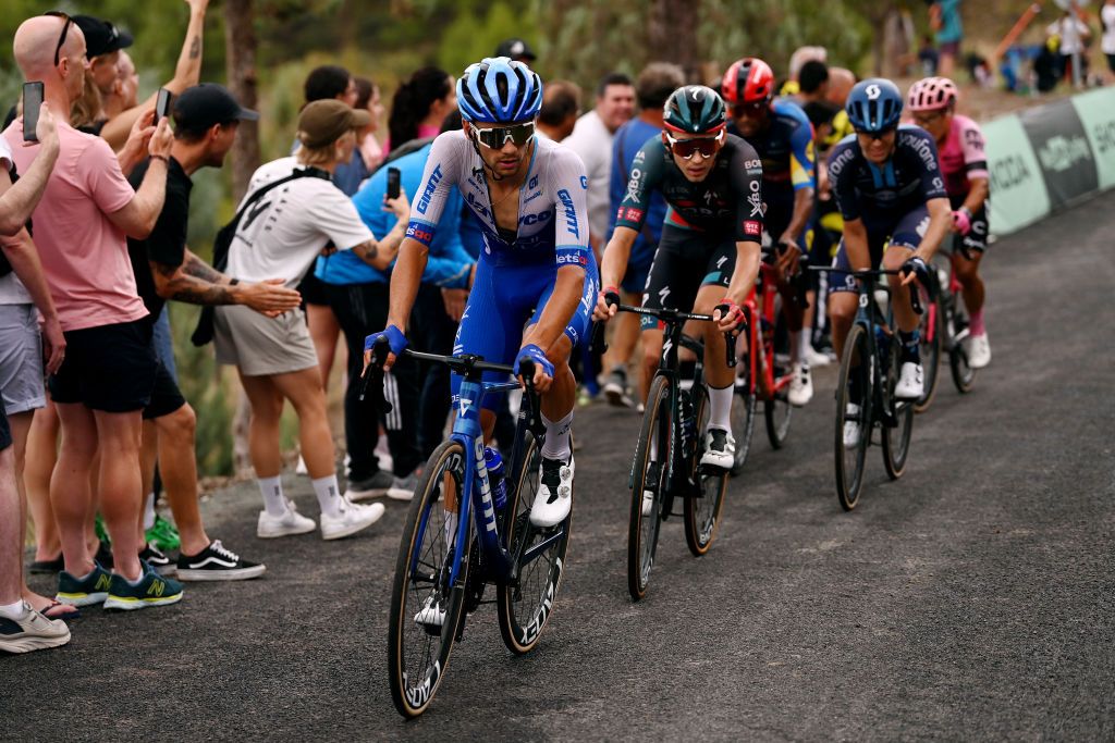 Matteo Sobrero (Jayco-AlUla), Lennard K&auml;mna (Bora-Hansgrohe) and Chris Hamilton (dsm-firmenich) formed the breakaway