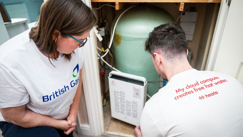 A small &#039;virtual data center&#039; being installed on a water cylinder as part of a British Gas trial scheme with heata to reuse data center waste heat.