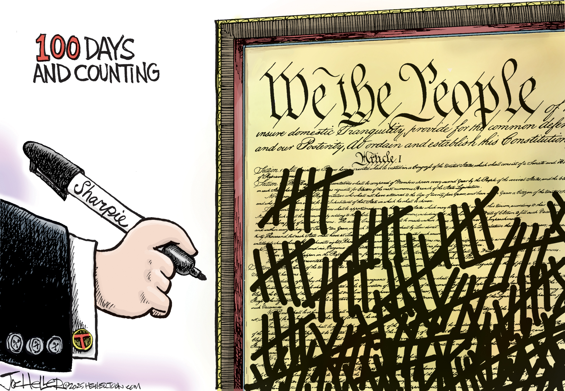This cartoon is titled "100 DAYS AND COUNTING." It depicts a hand belonging to Donald Trump that uses a black Sharpie marker to add tally marks that cover up a framed copy of the U.S. Constitution.