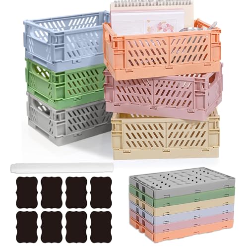 Ruucy 6 Pcs Collapsible Storage Crates, Folding Plastic Crate 25x16x10cm, Stackable Storage Baskets With White Marker & Stickers, Paste Crates Desktop Storage Box for Office Kitchen Bathroom