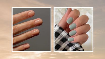 On the left, is a close up of a hand with a short nude manicure by nail artist @matejanova/ Mateja Novakovic and on the right, a hand with a muted sage manicure by nail artist @gel.bymegan/ in a beige and purple sunset-like template