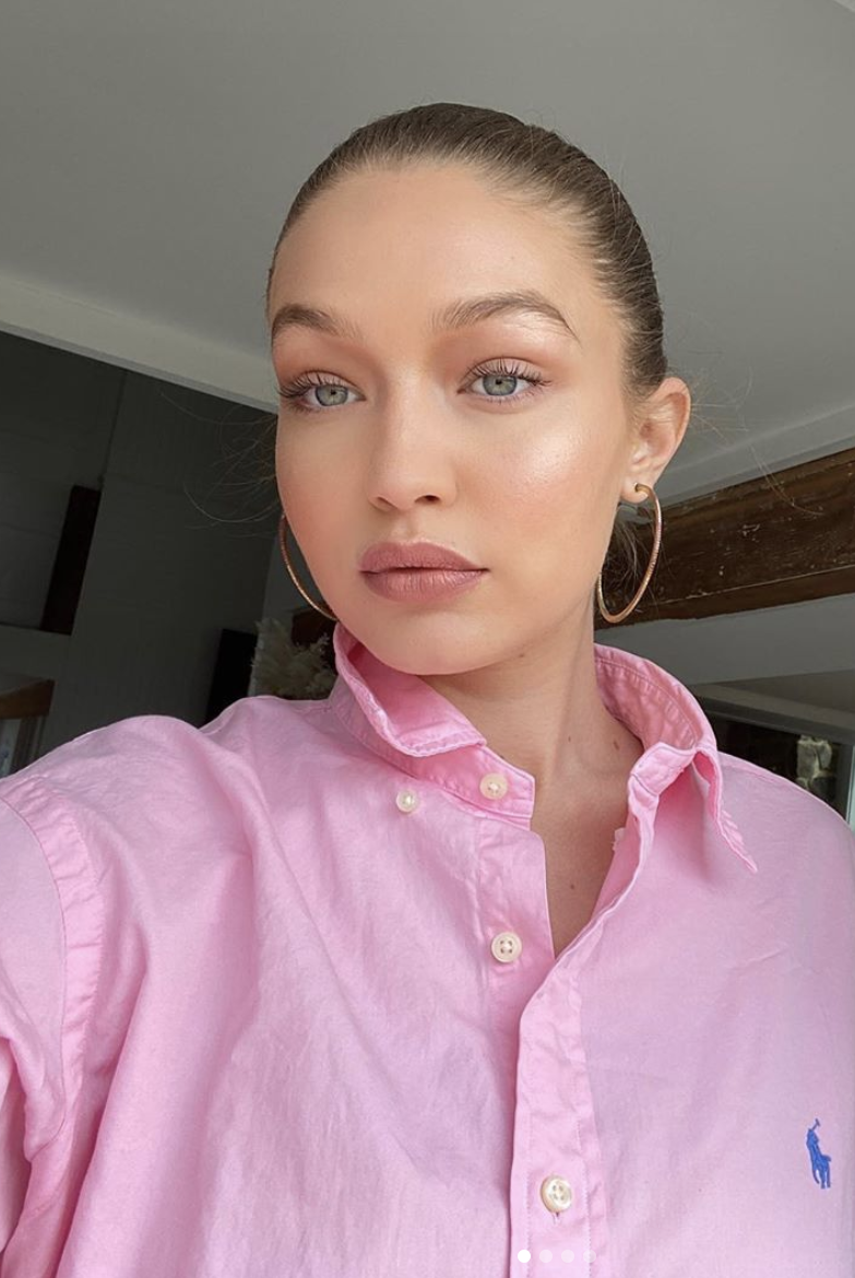 gigi hadid pink ralph lauren shirt