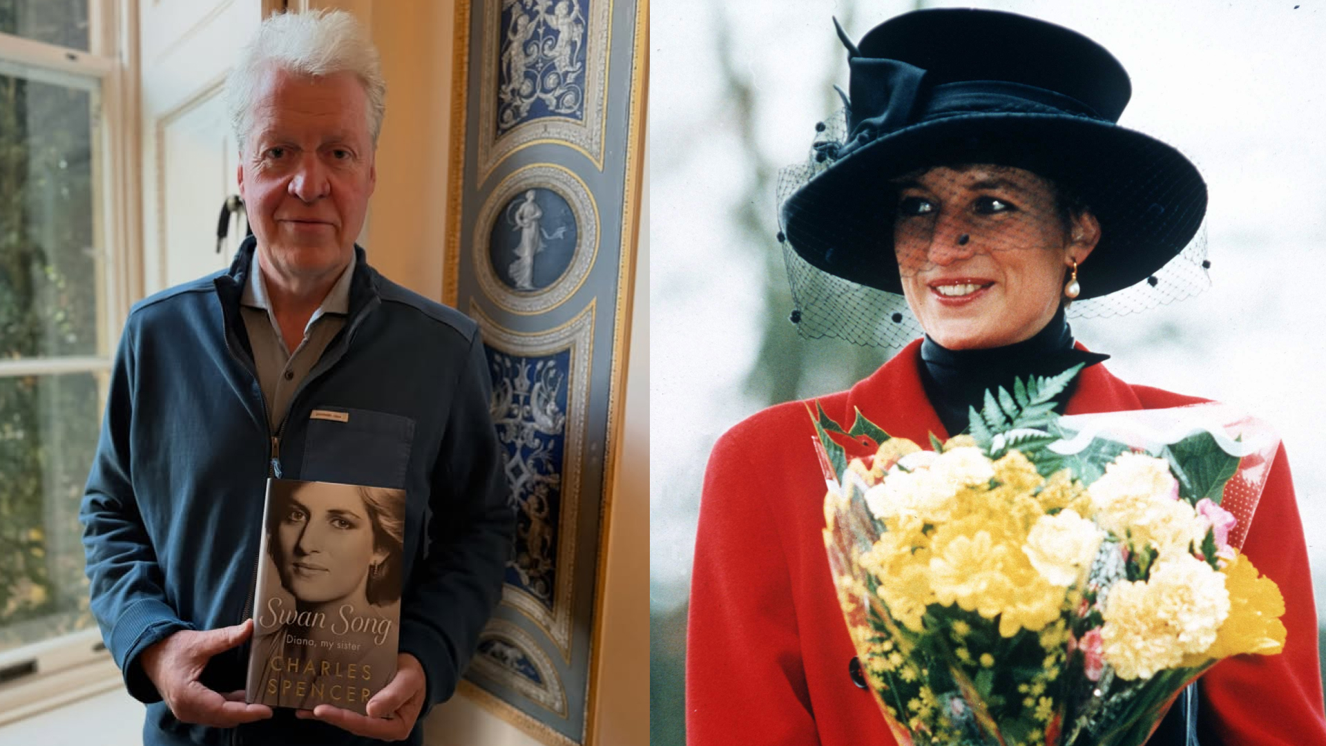A split image of Charles Spencer holding a copy of Swan Song; Princess Diana holding flowers wearing a big black hat