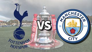 Tottenham vs Man City football club logos over an image of the FA Cup Trophy