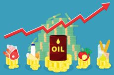 illustration of grocery main products and oil barrel stand on coins stacks with red arrow rising up. Living cost inflation and budget planning.