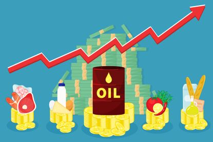 illustration of grocery main products and oil barrel stand on coins stacks with red arrow rising up. Living cost inflation and budget planning.