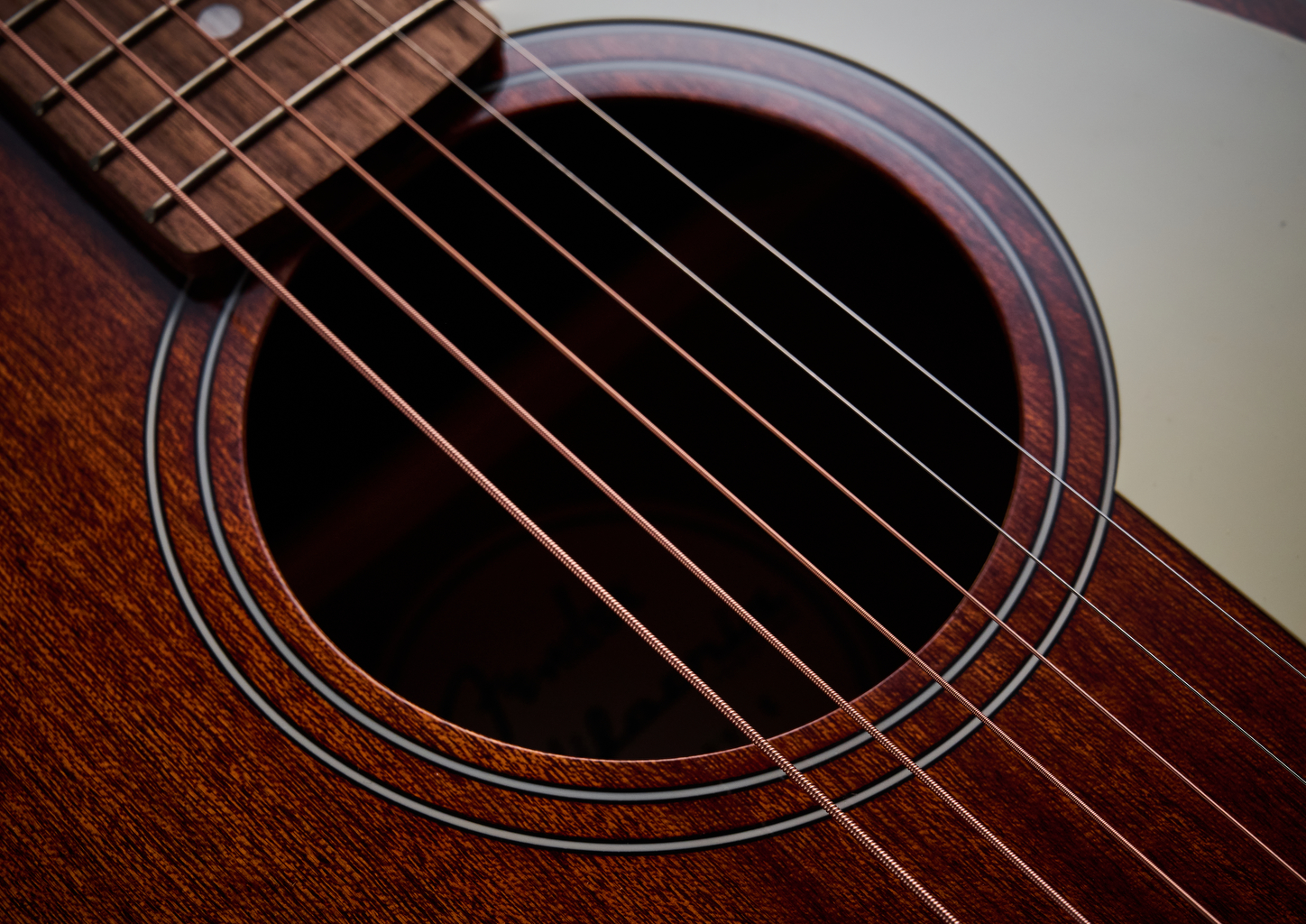 Close up of the sound hole on the Fender California Standard Monterey E acoustic guitar