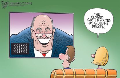Political cartoon U.S. Rudy Giuliani collusion television closed captioning Russia investigation Michael Cohen Trump