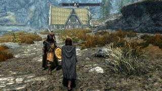 Best Skyrim mods — the player character passes a Whiterun guard on the road. Both are wearing fashionable cloaks.