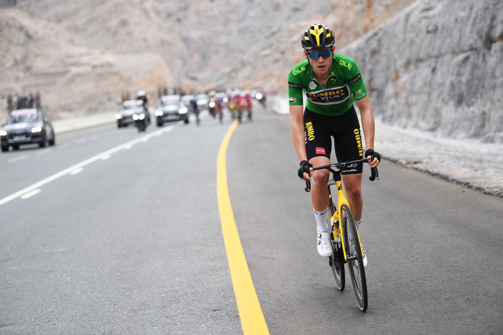 JEBEL JAISON UNITED ARAB EMIRATES FEBRUARY 25 David Dekker of The Netherlands and Team JumboVisma Green Points Jersey during the 3rd UAE Tour 2021 Stage 5 a 170km stage from Fujairah Marine Club to Jebel Jaison 1489m First Hairpin 478m UAETour February 25 2021 in Jebel Jaison United Arab Emirates Photo by Tim de WaeleGetty Images
