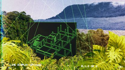Photo collage of the Amazon, and a 3D schematic of a building 