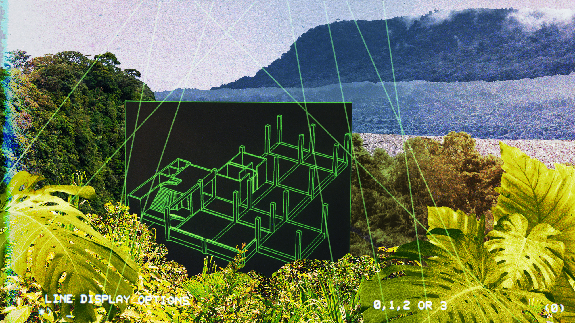 Photo collage of the Amazon, and a 3D schematic of a building 