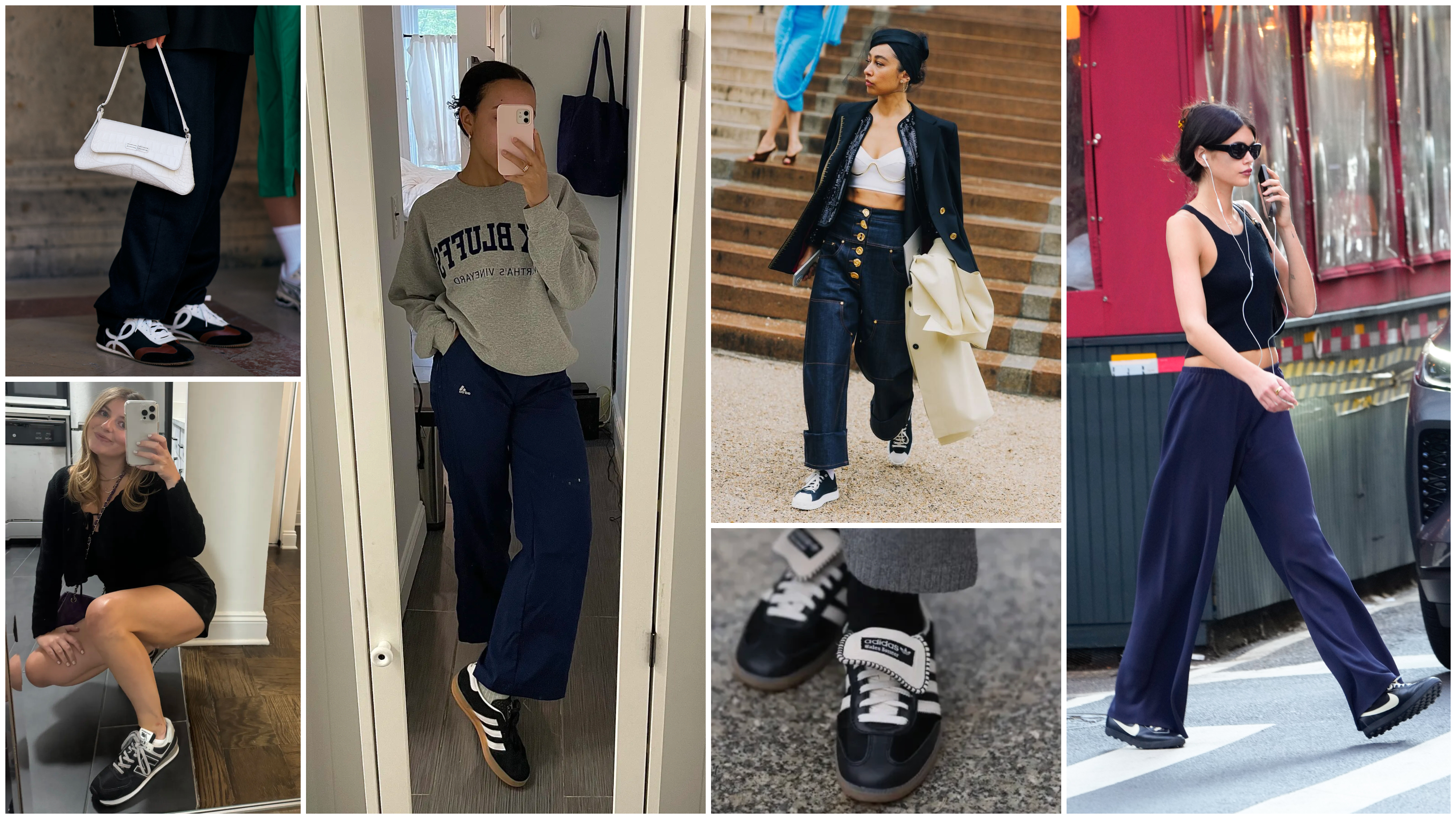 A collage of the best sneakers for women of 2025 on Marie Claire editors, Kaia Gerber, and women at fashion week