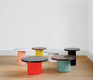Marble, oak, walnut and powder-coated steel tables