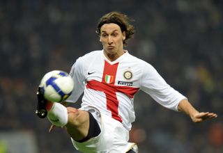 Zlatan Ibrahimovic in action for Inter against Fiorentina in the club's centenary shirt in March 2009.