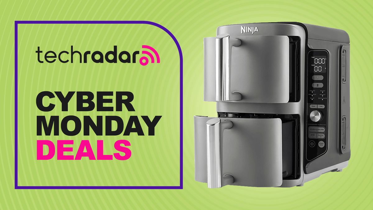 Air fryer on green background with text reading &quot;TechRadar Cyber Monday deals&quot;