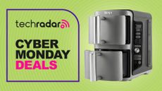 Air fryer on green background with text reading "TechRadar Cyber Monday deals"