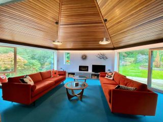 Two orange sofas in a room with electric blue carpet and a wooden ceiling