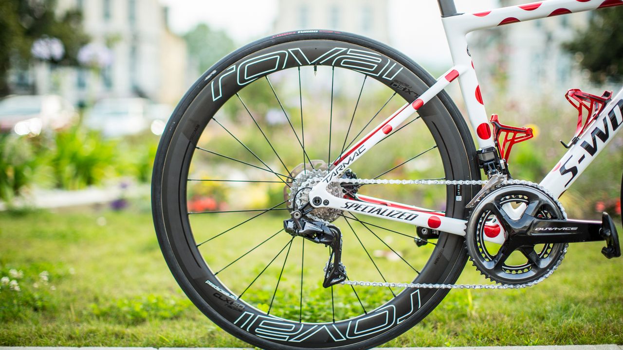 Black Specialized decals stand out against the red and white design