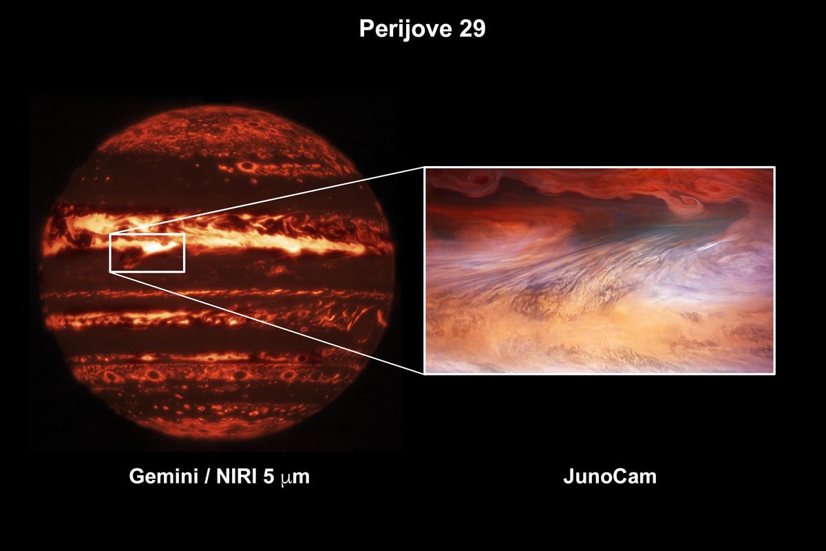 On the left, an image taken by the Gemini North Telescope shows a hotspot in the context of Jupiter&#039;s atmosphere; the magnification on the right shows a view from the Juno spacecraft orbiting the planet. Both images were taken on Sept. 16, 2020.