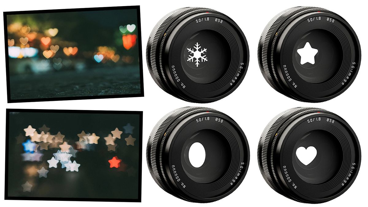 SG-image 50mm f/1.8 Funtom, showing four variable aperture shapes and two sample images 