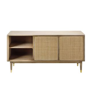 A rectangular wooden sideboard with two shelves and two doors, and legs with golden trims