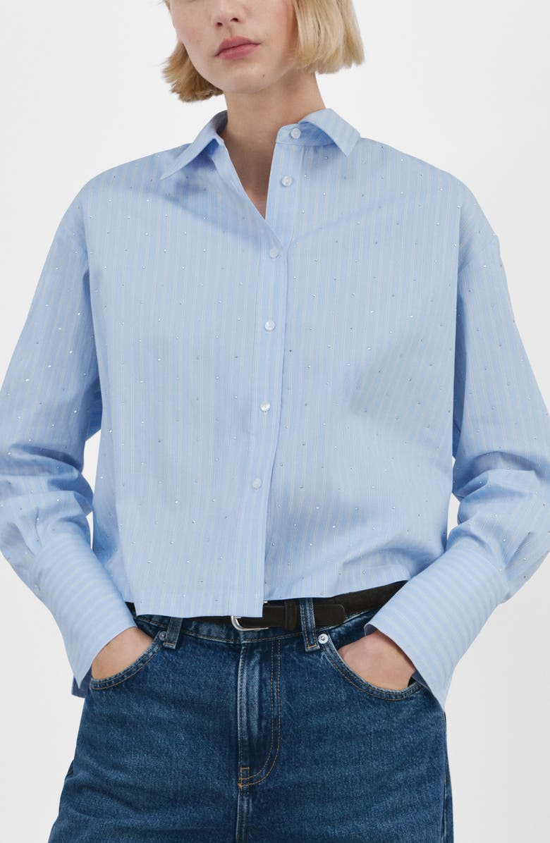 Rhinestone Detail Stripe Cotton Blend Button-Up Shirt