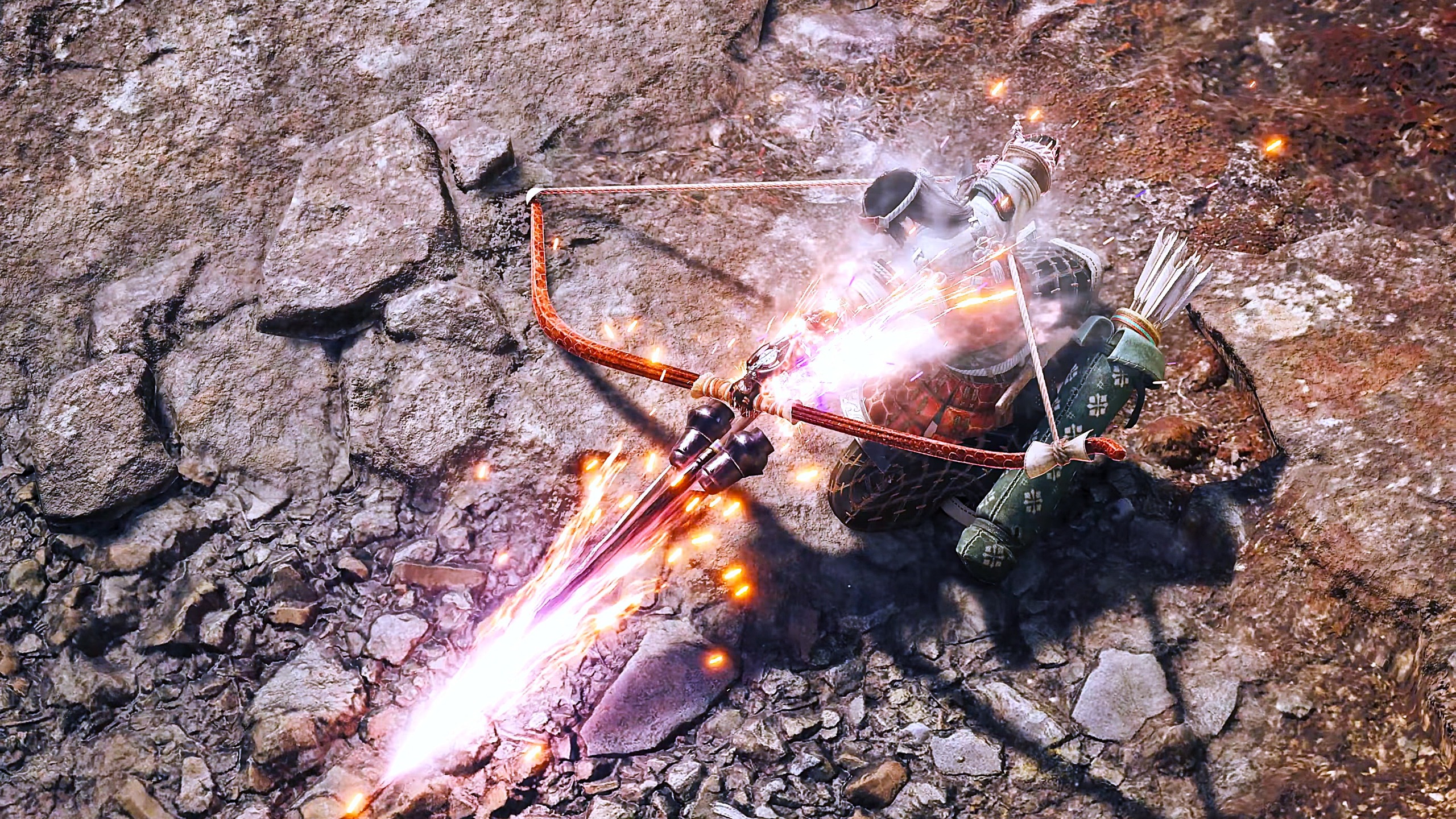 A high-angle shot of a warrior in traditional armor kneeling on rocky ground, firing a glowing, magical arrow from a longbow with bright sparks.
