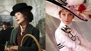 audrey hepburn as eliza doolittle on the street and after her rags to riches transformation wearing a white gown and feathered hat in my fair lady