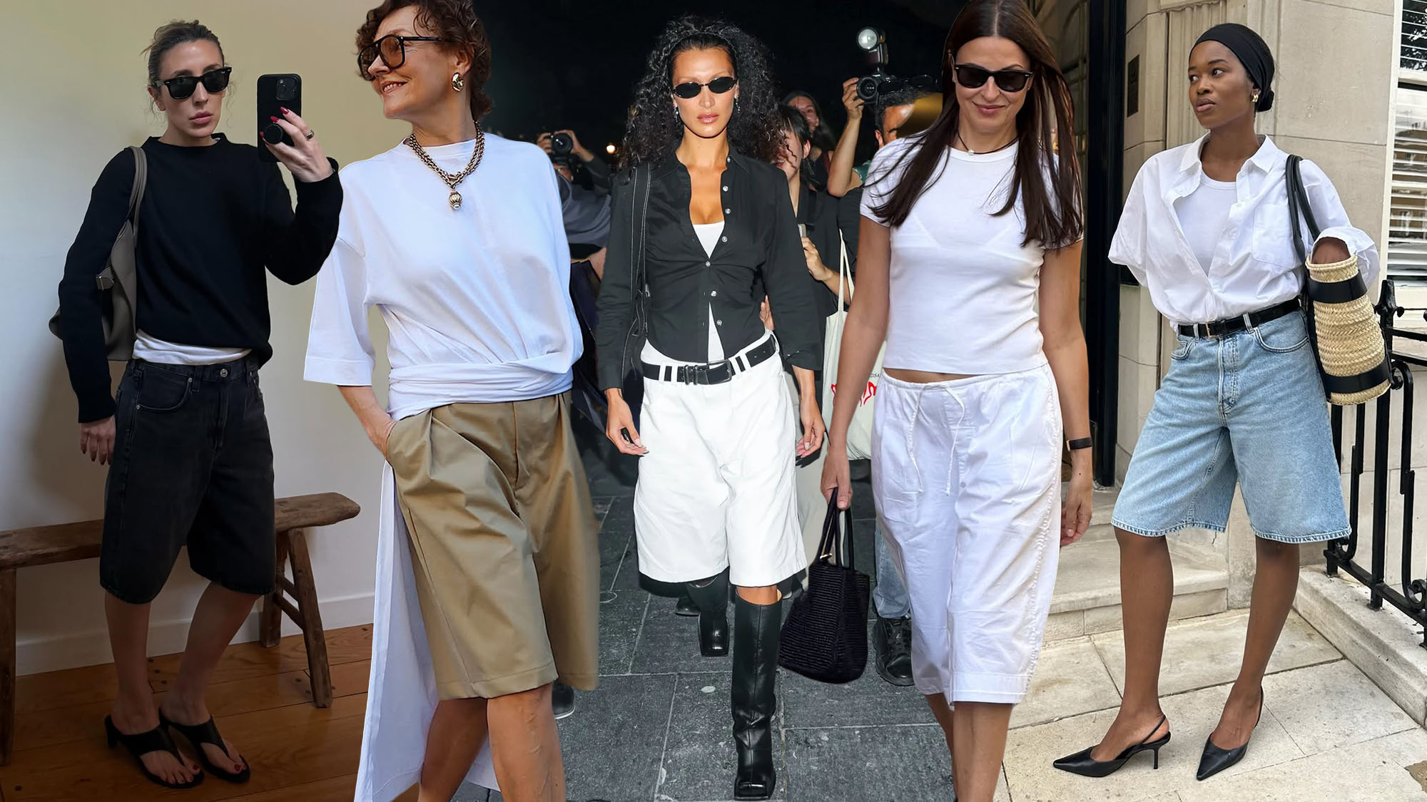 women in their 20s, 30s, and 50s wearing Bermuda shorts