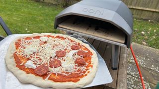A pepperoni pizza ready to be cooked in the Ooni Koda 12