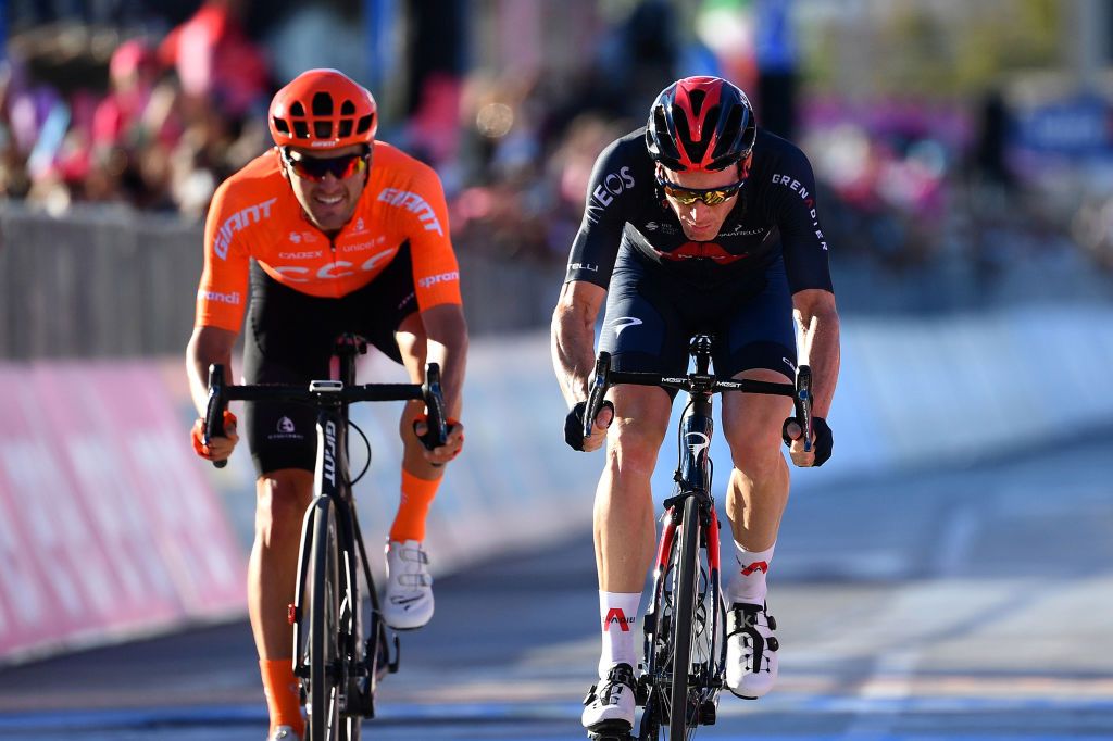 VIESTE ITALY OCTOBER 10 Arrival Sprint Joey Rosskopf of The United States and CCC Team Salvatore Puccio of Italy and Team INEOS Grenadiers during the 103rd Giro dItalia 2020 Stage Eight a 200km stage from Giovinazzo to ViesteGargano girodiitalia Giro on October 10 2020 in Vieste Italy Photo by Stuart FranklinGetty Images