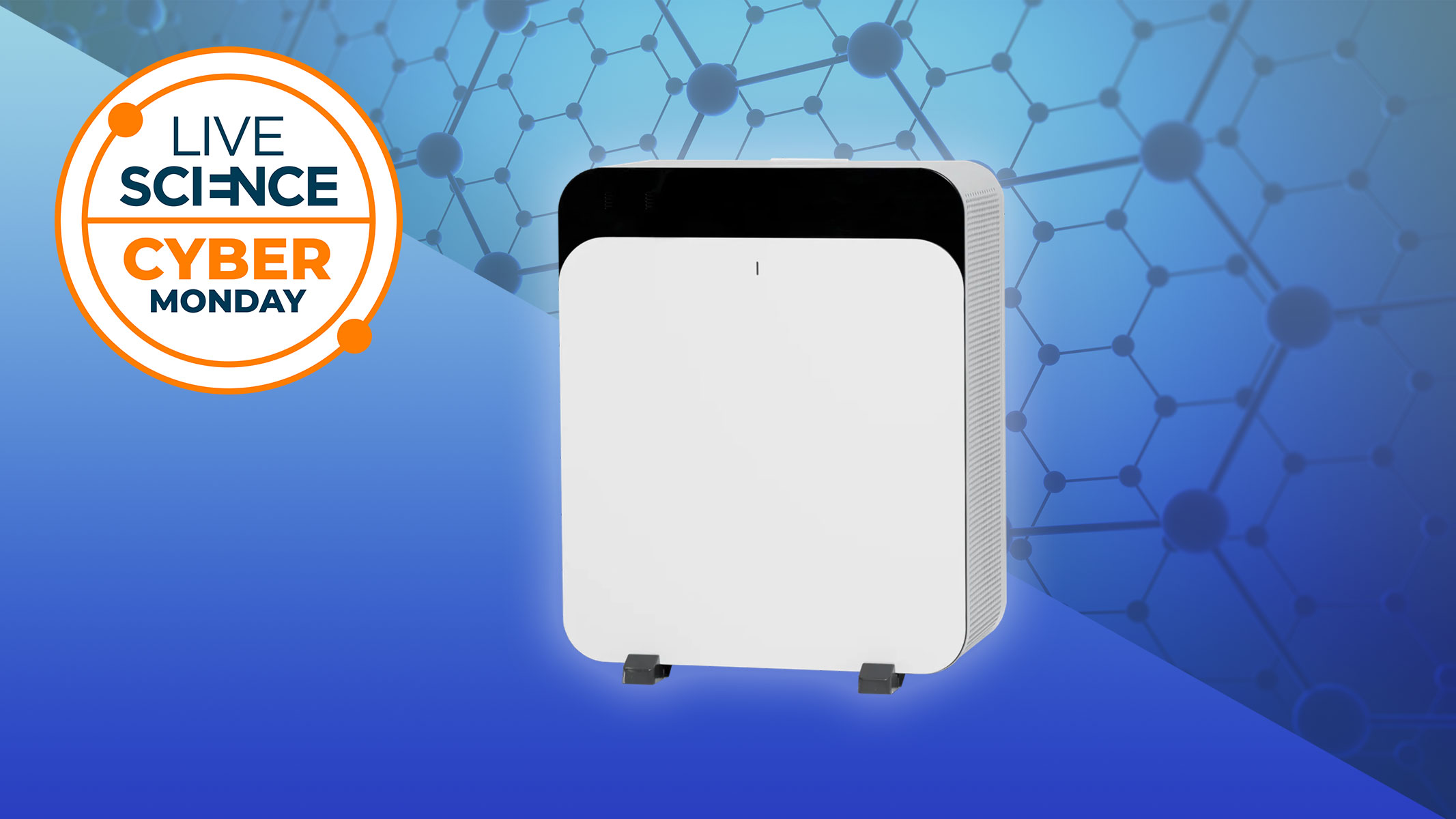 A Live Science Cyber Monday logo and a picture of the Blueair Classic Pro CP7i on a blue background