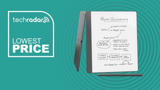 The Amazon Kindle Scribe (2024) in front of a teal background featuring the phrase 'Lowest price'.