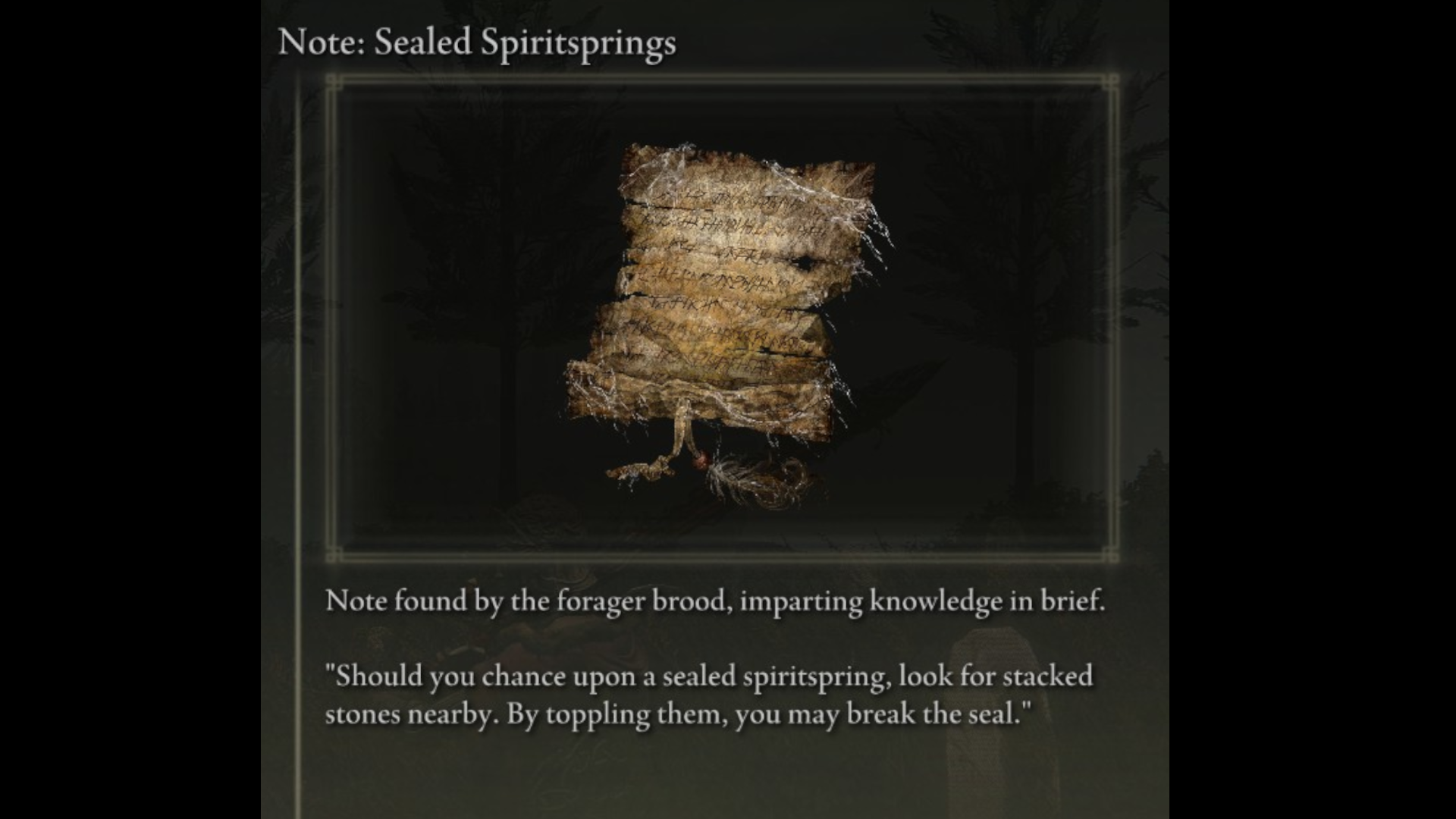 An image displaying the Sealed Spiritsprings note in Elden Ring: Shadow of the Erdtree.