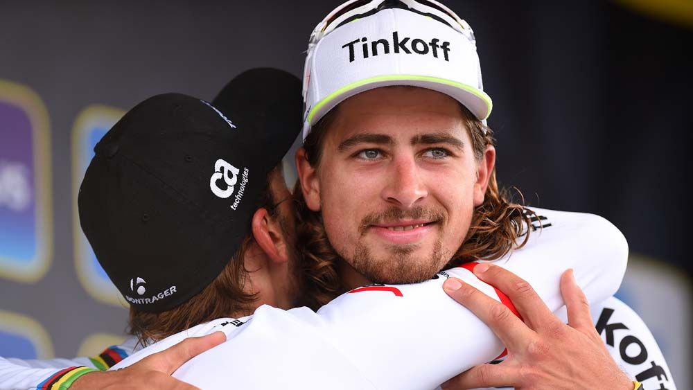 Fabian Cancellara congratulates Peter Sagan on his first monument win at the Tour of Flanders