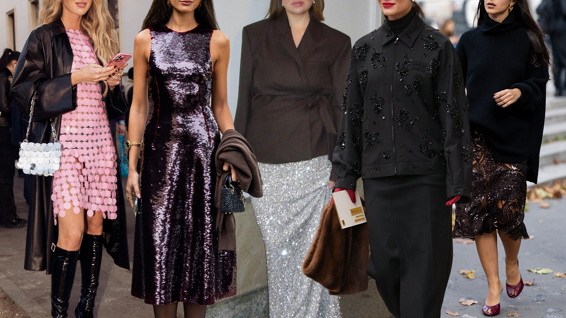 A collage of women showing different ways to wear sequins in 2025.