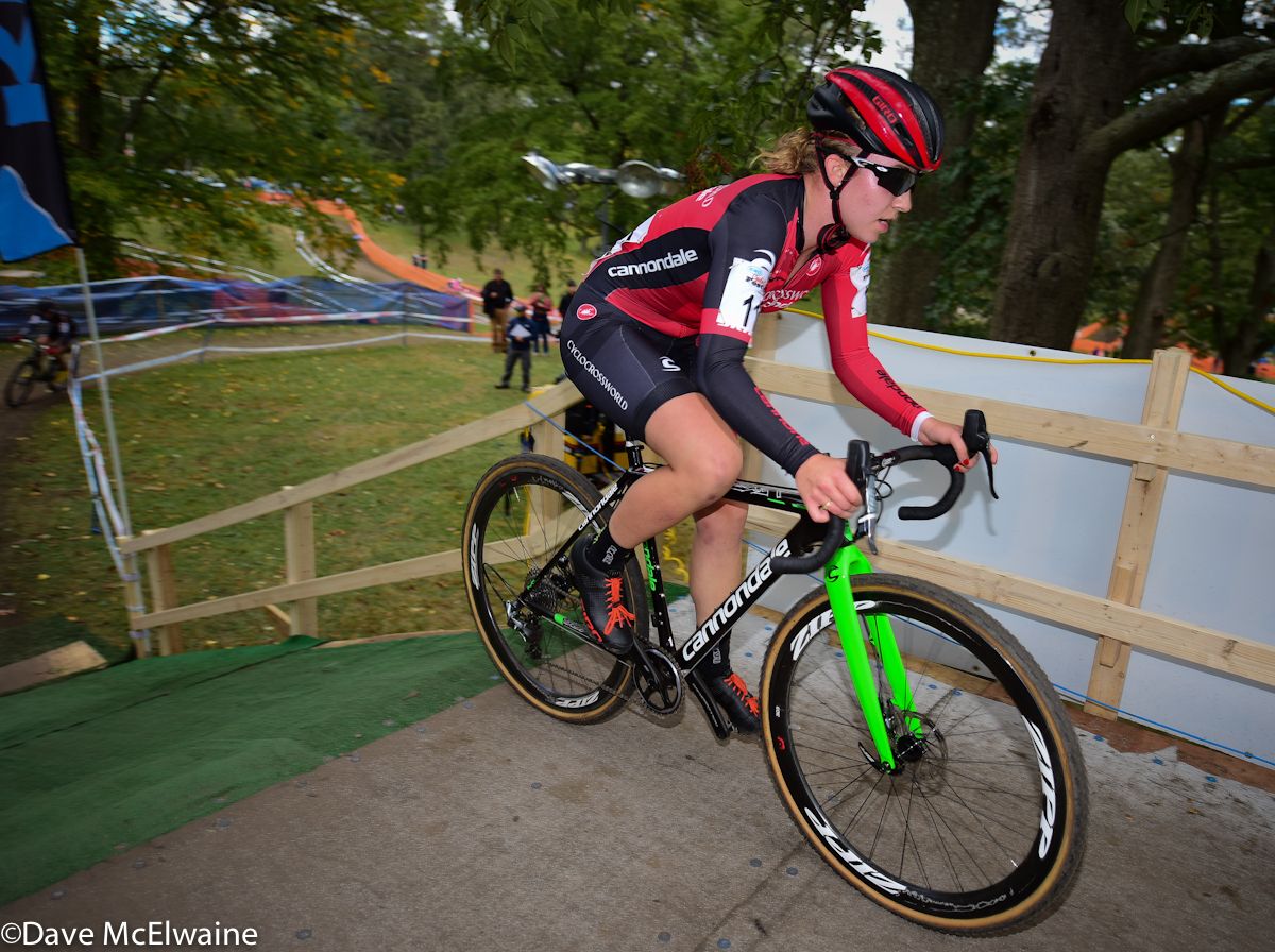 Emma White (Cyclocrossworld.com) riding to a fifth place finish