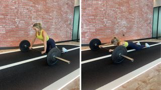 Trainer Sarah Lindsay demonstrates two positions of the barbell abs roll-out