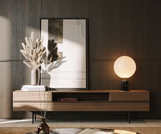 modern wooden sideboard with modern globe table lamp